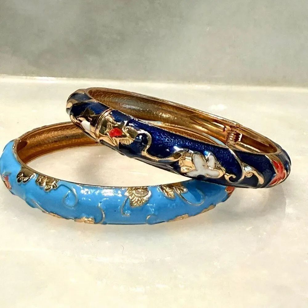 NWT UJOY Enameled Floral Cloisonne Cuff Blue Bangle Bracelet Set of 2